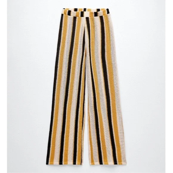 Zara women’s black yellow cream Striped knit L 31” inseam pants - Picture 2 of 13